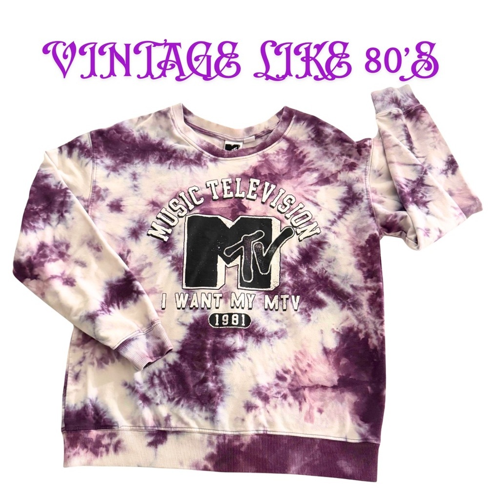 Vintage Style 80s MTV Purple Tie-Dye Sweatshirt Large I Want My MTV 1981